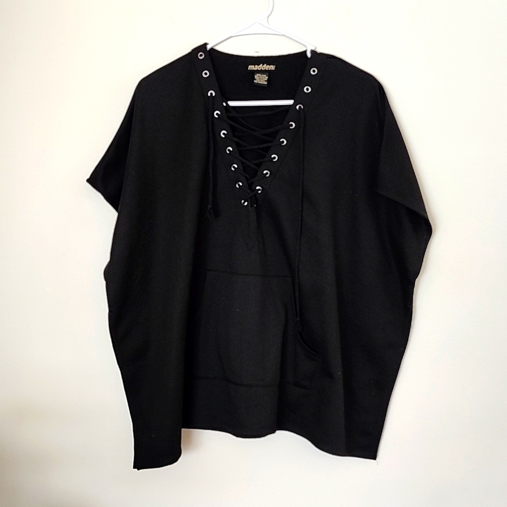 Madden Girl Poncho Shrug sweatshirt, black, lace up chest, boho, boxy, flowy